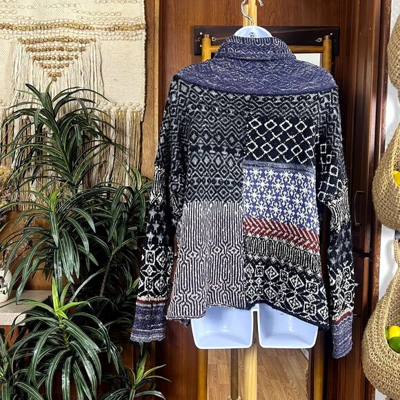 Free People Patchwork Cowl Neck Sweater M | Oversized Fair Isle Boho Knit Grunge - Picture 2 of 15